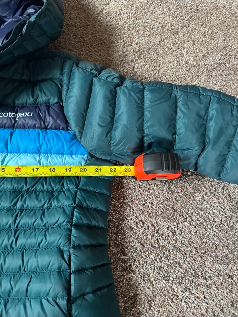 Cotopaxi Fuego Teal Hooded Long Puffer with Blue Stripe Accents - Picture 6 of 8
